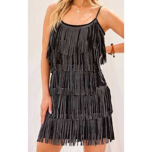 Black Studded Fringe Mini Dress With Adjustable Spaghetti Straps & Back Zipper C - Picture 1 of 8